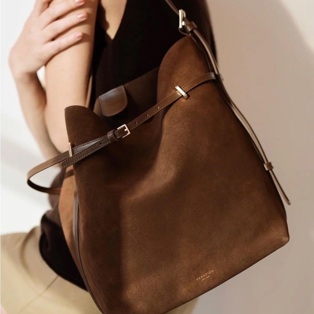 Verafied Toffee Genuine Suede Belted Tote Bag